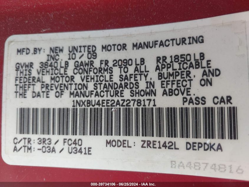 2010 Toyota Corolla Le VIN: 1NXBU4EE2AZ278171 Lot: 39734106