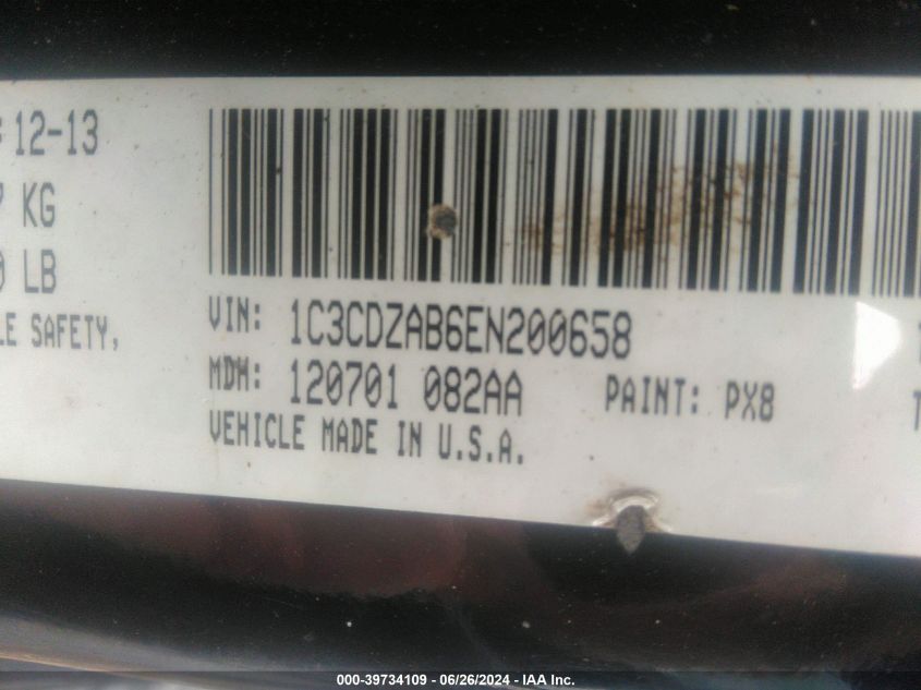 2014 Dodge Avenger Se VIN: 1C3CDZAB6EN200658 Lot: 39734109