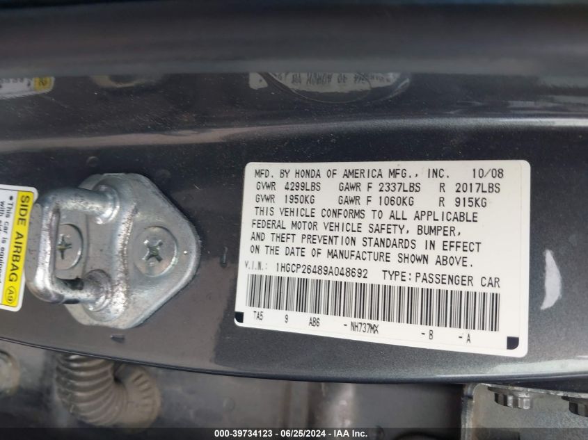 2009 Honda Accord 2.4 Lx-P VIN: 1HGCP26489A048692 Lot: 39734123