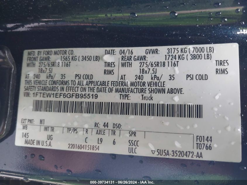 2016 Ford F150 Supercrew VIN: 1FTEW1EF6GFB95519 Lot: 39734131