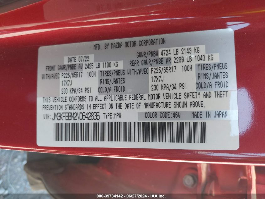 2022 Mazda Cx-5 Select VIN: JM3KFBBM2N0642835 Lot: 39734142