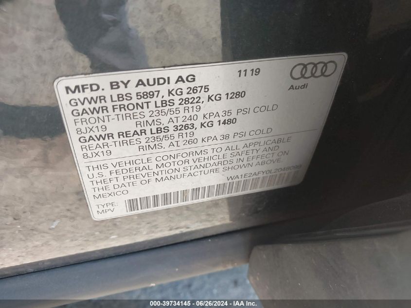 2020 Audi Q5 Premium Plus 55 Tfsi E Quattro S Tronic VIN: WA1E2AFY0L2048099 Lot: 39734145