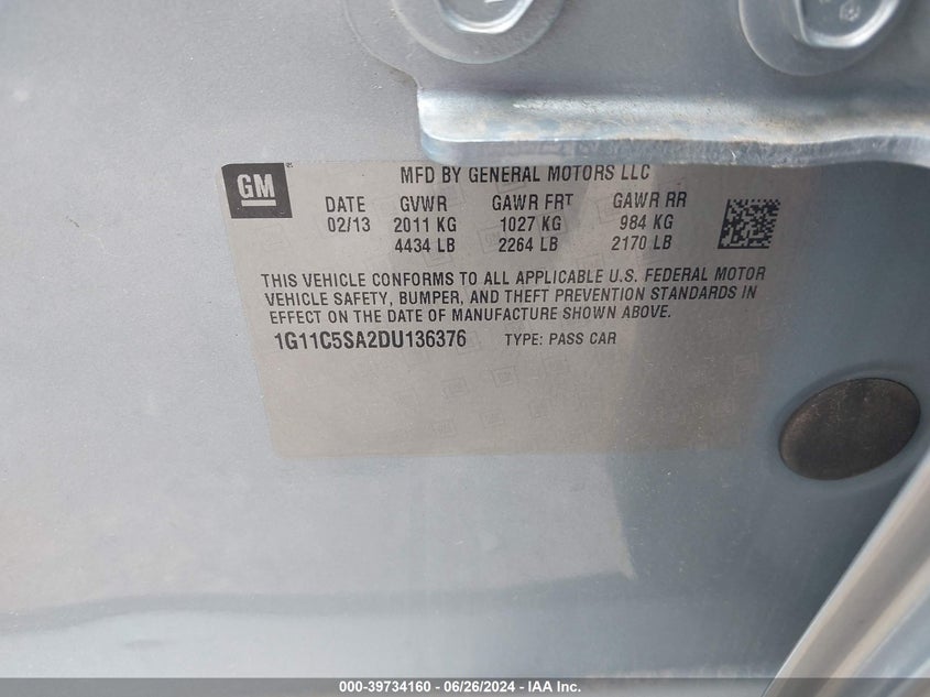2013 Chevrolet Malibu 1Lt VIN: 1G11C5SA2DU136376 Lot: 39734160