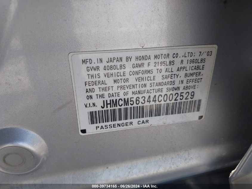 2004 Honda Accord 2.4 Lx VIN: JHMCM56344C002529 Lot: 39734165