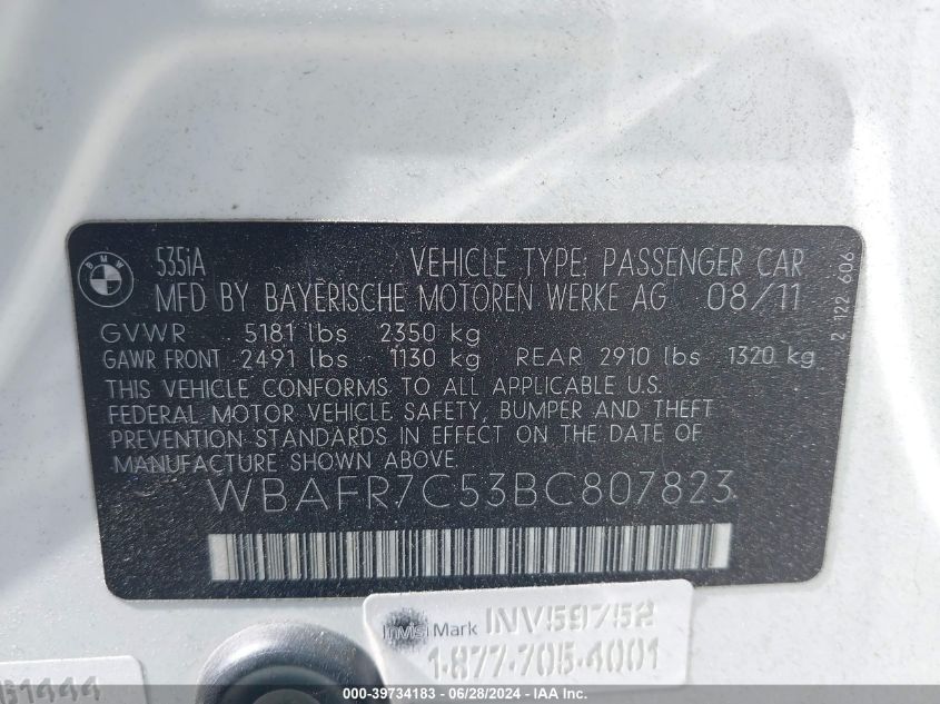2011 BMW 535I VIN: WBAFR7C53BC807823 Lot: 39734183