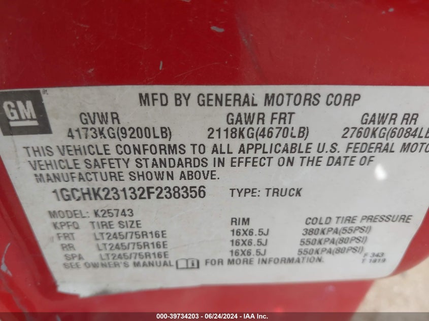 2002 Chevrolet Silverado 2500Hd Lt VIN: 1GCHK23132F238356 Lot: 39734203