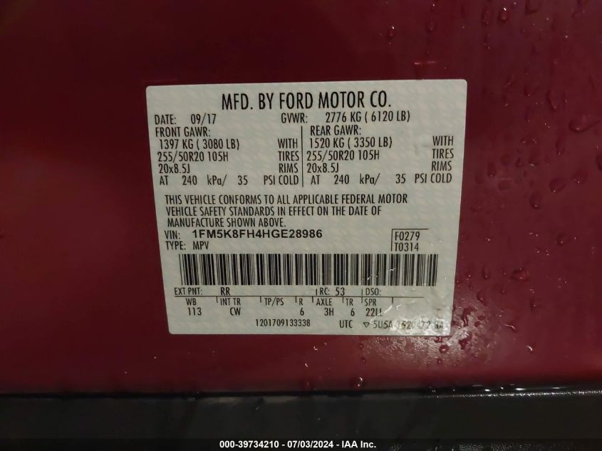 2017 Ford Explorer Limited VIN: 1FM5K8FH4HGE28986 Lot: 39734210