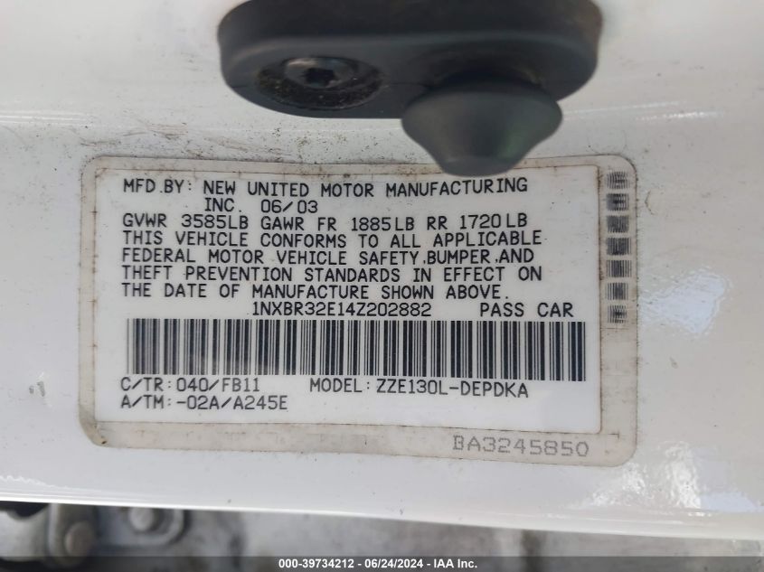 2004 Toyota Corolla Ce VIN: 1NXBR32E14Z202882 Lot: 39734212