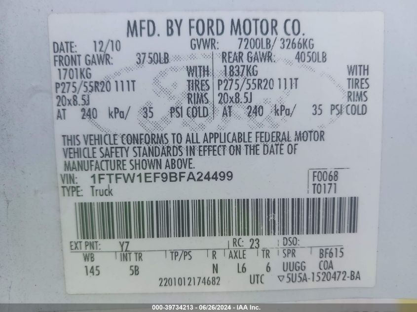 2011 Ford F-150 Fx4 VIN: 1FTFW1EF9BFA24499 Lot: 39734213