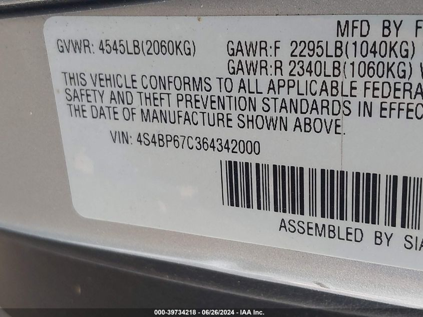 2006 Subaru Outback 2.5Xt Limited VIN: 4S4BP67C364342000 Lot: 39734218