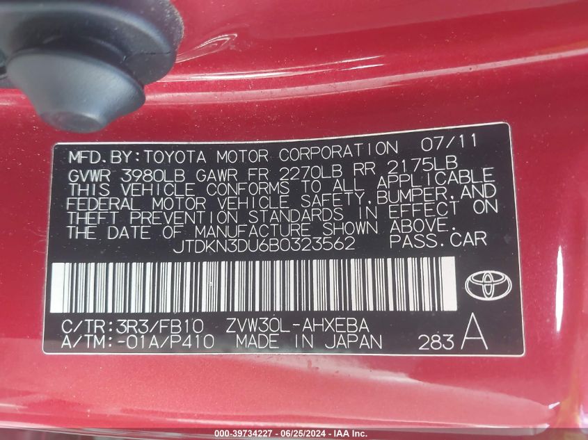 2011 Toyota Prius Three VIN: JTDKN3DU6B0323562 Lot: 39734227