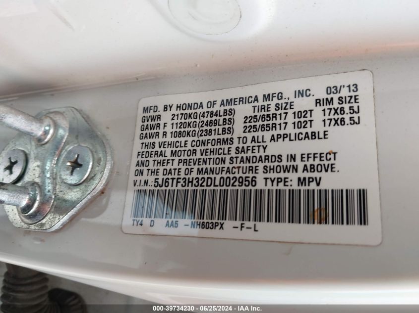 2013 Honda Crosstour Ex VIN: 5J6TF3H32DL002956 Lot: 39734230