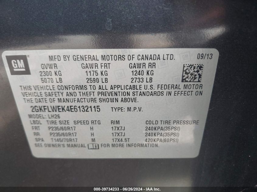 2014 GMC Terrain Sle-2 VIN: 2GKFLWEK4E6132115 Lot: 39734233