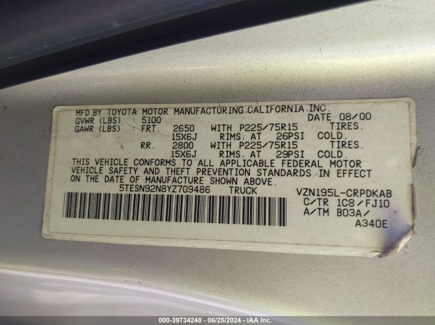 2000 Toyota Tacoma Xtracab Prerunner VIN: 5TESN92N8YZ709486 Lot: 39734248