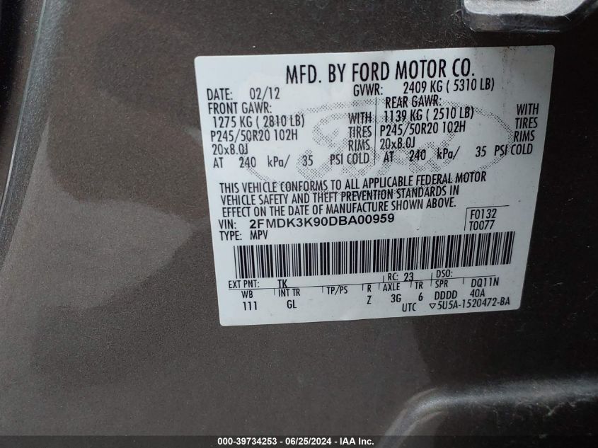 2013 Ford Edge Limited VIN: 2FMDK3K90DBA00959 Lot: 39734253