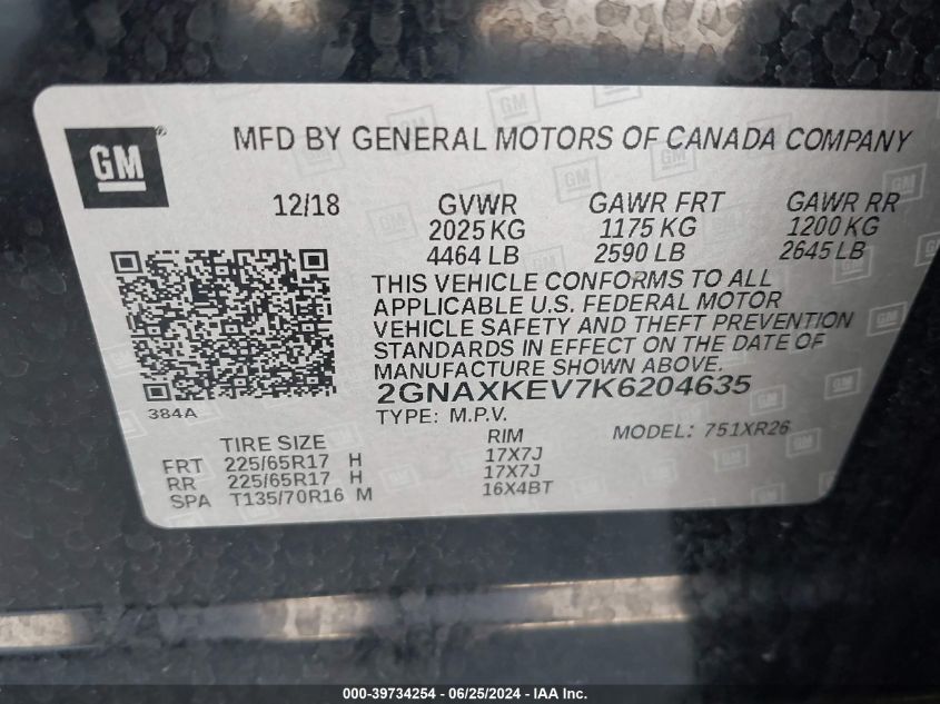 2019 Chevrolet Equinox Lt VIN: 2GNAXKEV7K6204635 Lot: 39734254