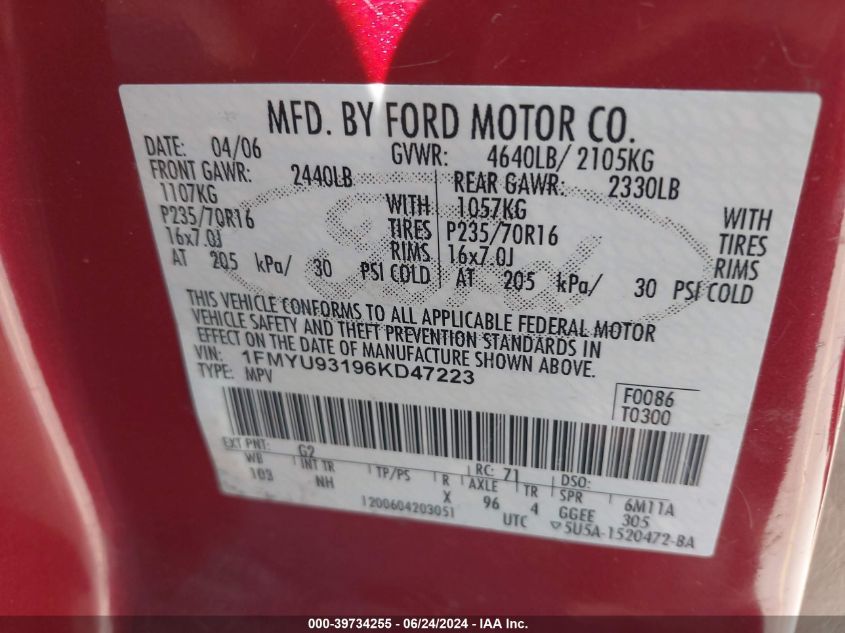 2006 Ford Escape Xlt/Xlt Sport VIN: 1FMYU93196KD47223 Lot: 39734255