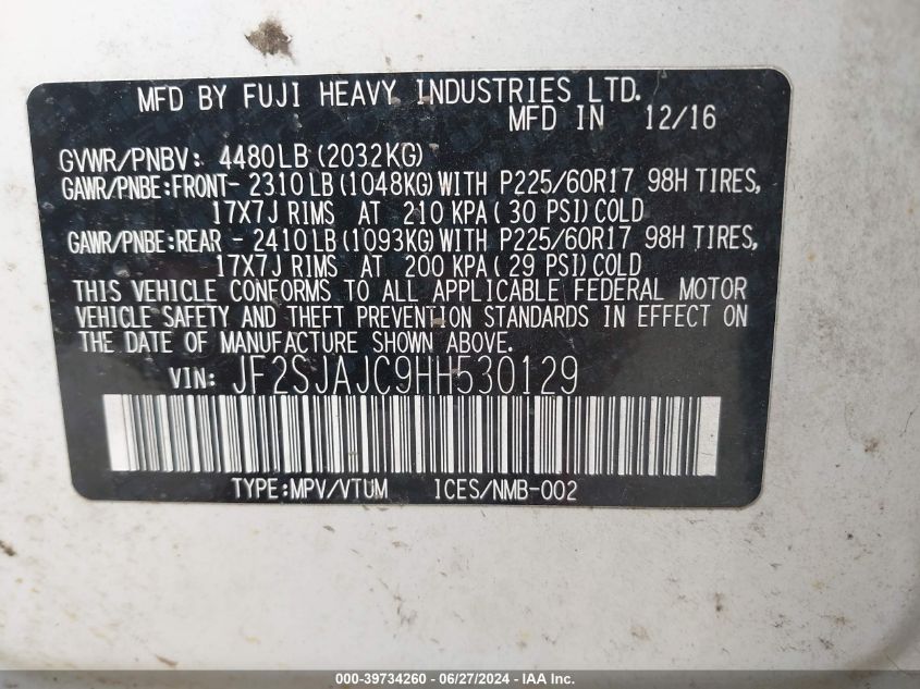 2017 Subaru Forester 2.5I Limited VIN: JF2SJAJC9HH530129 Lot: 39734260