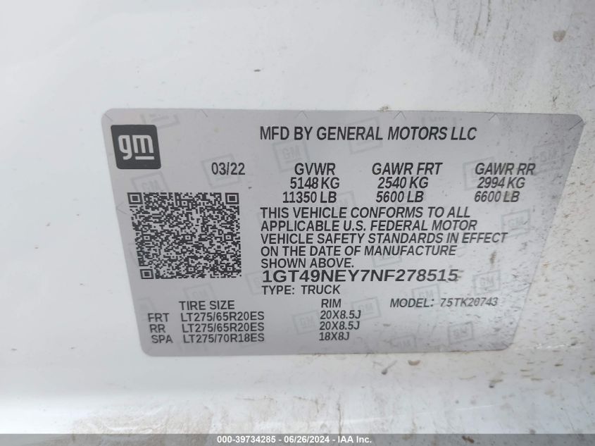 2022 GMC Sierra 2500Hd 4Wd Standard Bed Slt VIN: 1GT49NEY7NF278515 Lot: 39734285