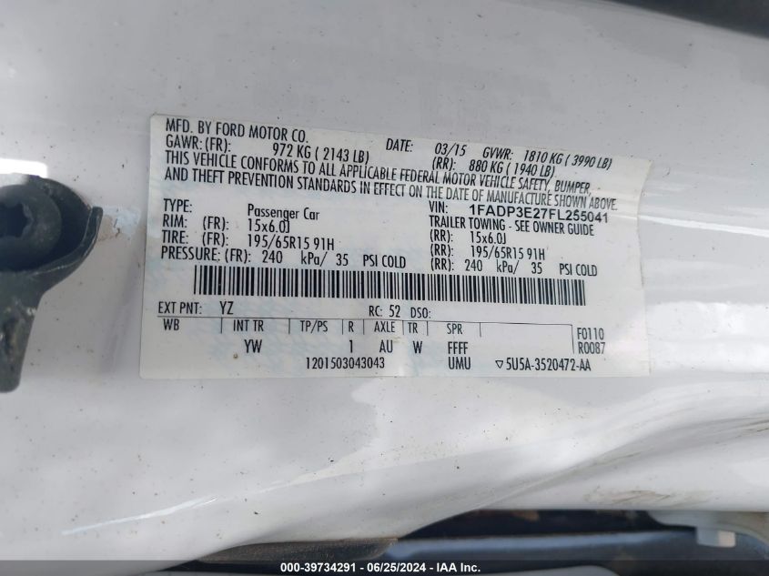 2015 Ford Focus S VIN: 1FADP3E27FL255041 Lot: 39734291