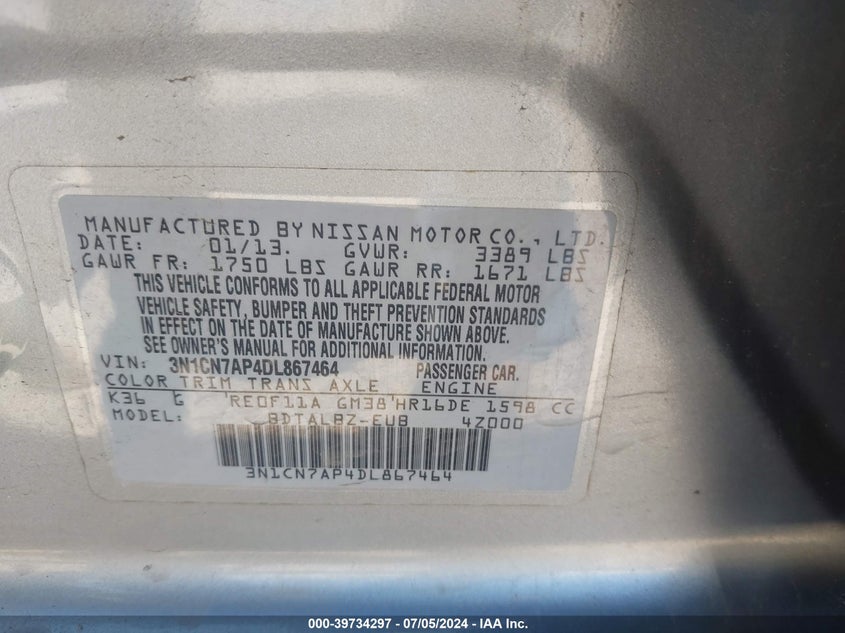 2013 Nissan Versa 1.6 Sv VIN: 3N1CN7AP4DL867464 Lot: 39734297