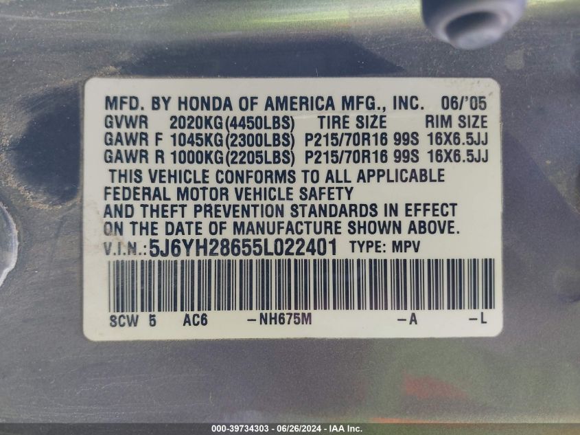2005 Honda Element Ex VIN: 5J6YH28655L022401 Lot: 39734303