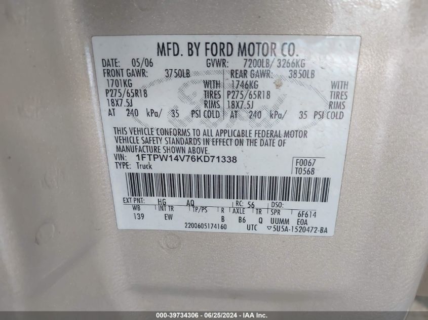 2006 Ford F-150 Fx4/Lariat/Xlt VIN: 1FTPW14V76KD71338 Lot: 39734306