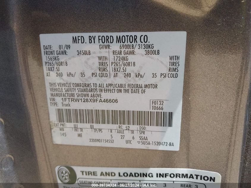 2009 Ford F-150 Xl/Xlt VIN: 1FTRW128X9FA46606 Lot: 39734324