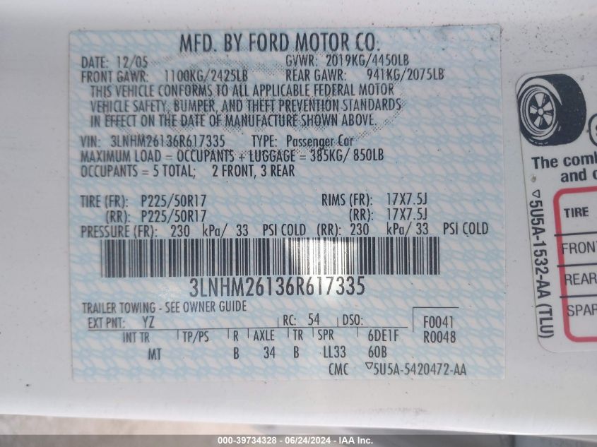 2006 Lincoln Zephyr VIN: 3LNHM26136R617335 Lot: 39734328