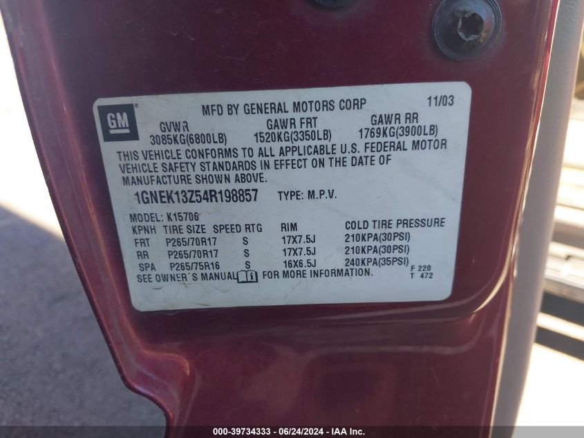 2004 Chevrolet Tahoe Z71 VIN: 1GNEK13Z54R198857 Lot: 39734333