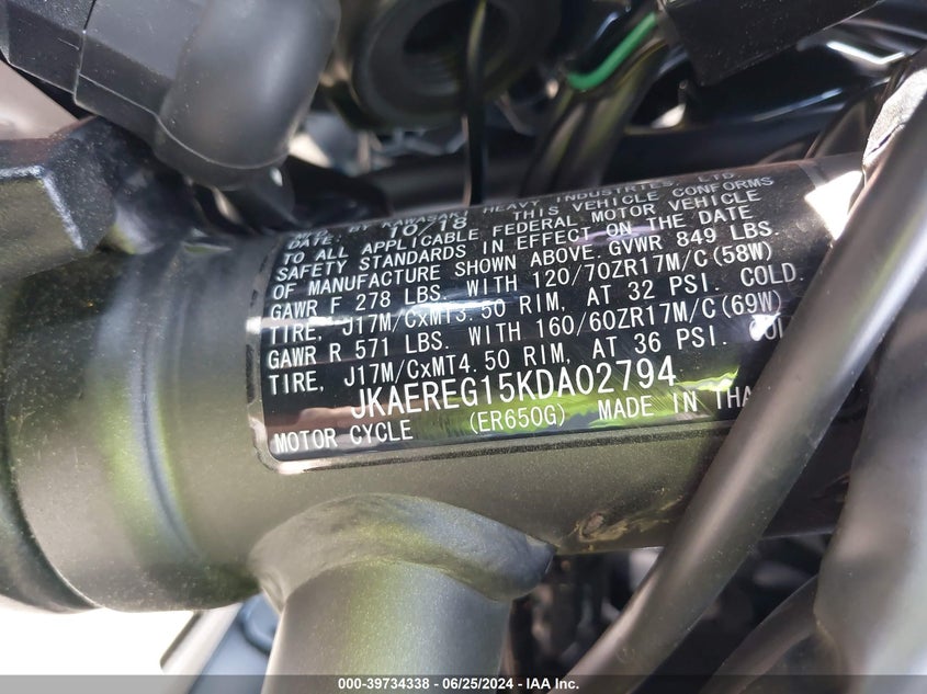 VIN JKAEREG15KDA02794 2019 KAWASAKI ER650 G
