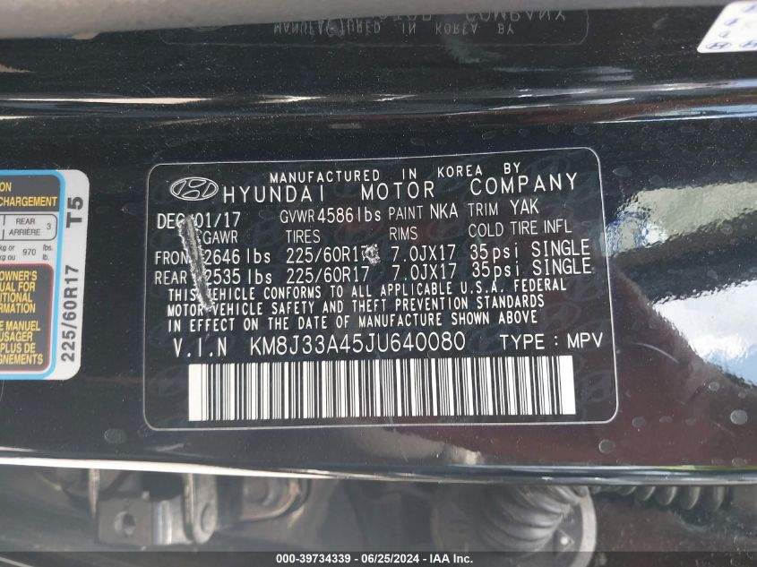 2018 Hyundai Tucson Limited/Sport And Eco/Se VIN: KM8J33A45JU640080 Lot: 39734339