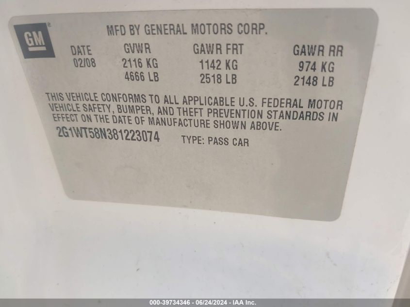 2008 Chevrolet Impala Lt VIN: 2G1WT58N381223074 Lot: 39734346