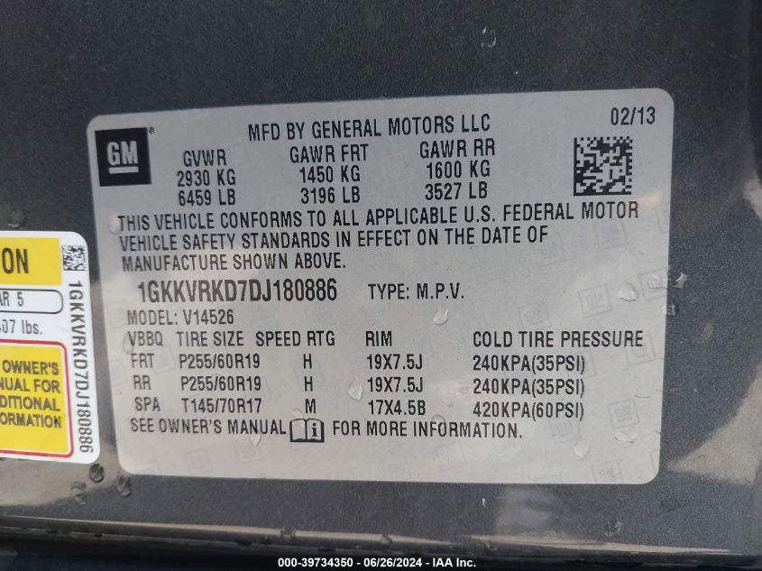 2013 GMC Acadia Slt-1 VIN: 1GKKVRKD7DJ180886 Lot: 39734350