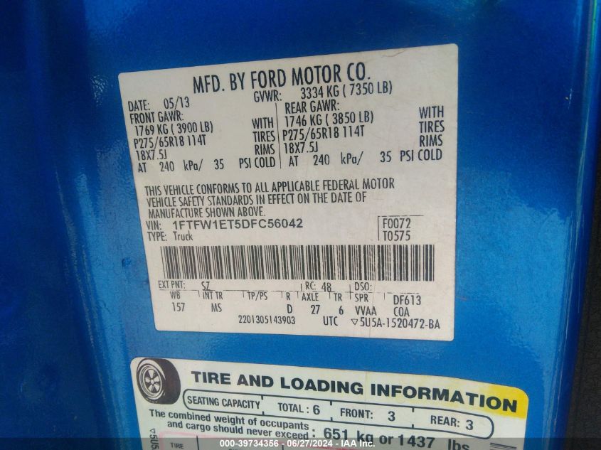 2013 Ford F-150 Xlt VIN: 1FTFW1ET5DFC56042 Lot: 39734356