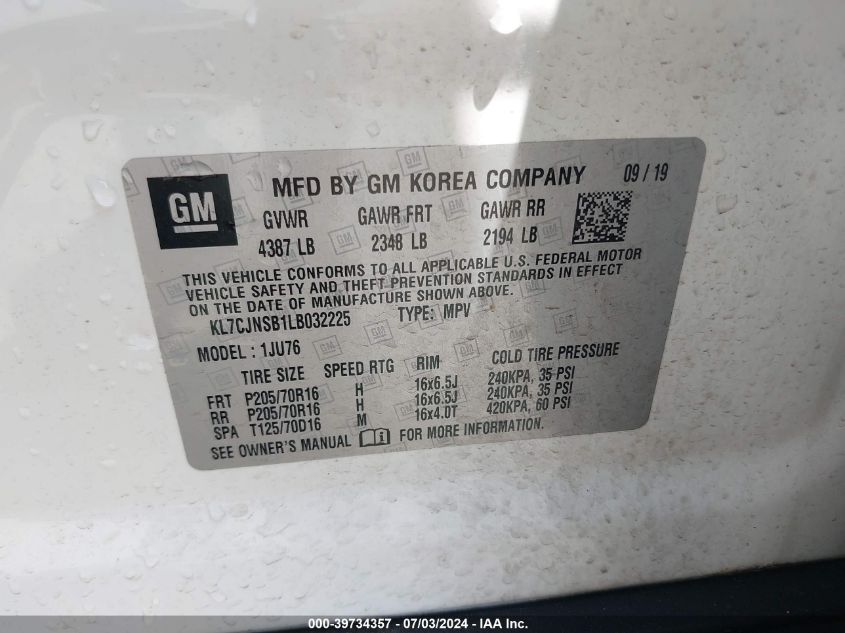 2020 Chevrolet Trax Awd Ls VIN: KL7CJNSB1LB032225 Lot: 39734357