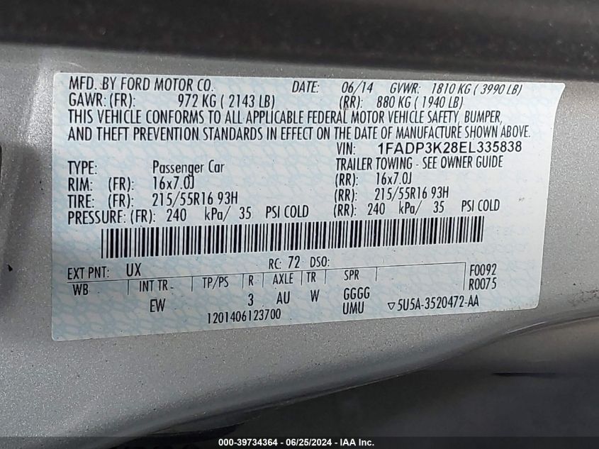 1FADP3K28EL335838 2014 Ford Focus Se