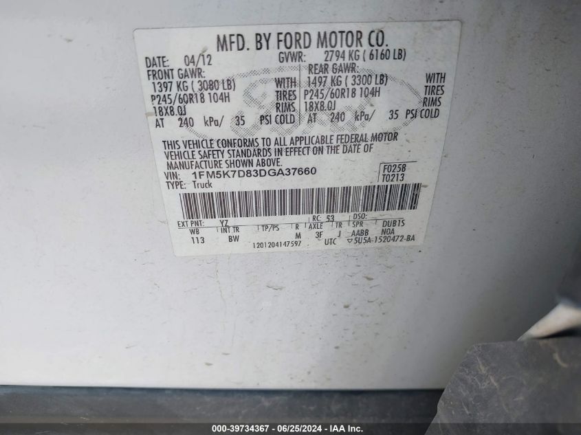 2013 Ford Explorer Xlt VIN: 1FM5K7D83DGA37660 Lot: 39734367