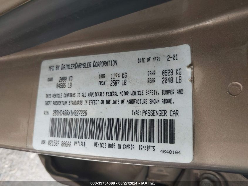 2001 Dodge Intrepid Se VIN: 2B3HD46RX1H627226 Lot: 39734388