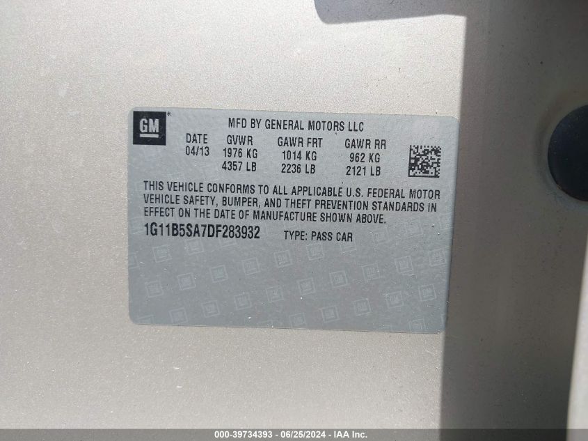 2013 Chevrolet Malibu 1Ls VIN: 1G11B5SA7DF283932 Lot: 39734393