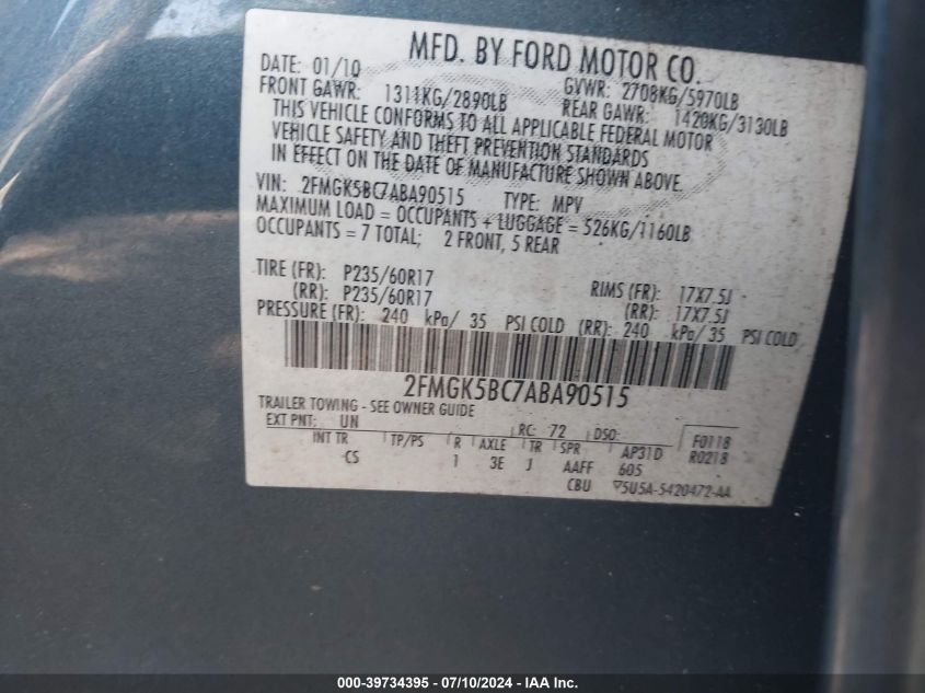 2010 Ford Flex Se VIN: 2FMGK5BC7ABA90515 Lot: 39734395