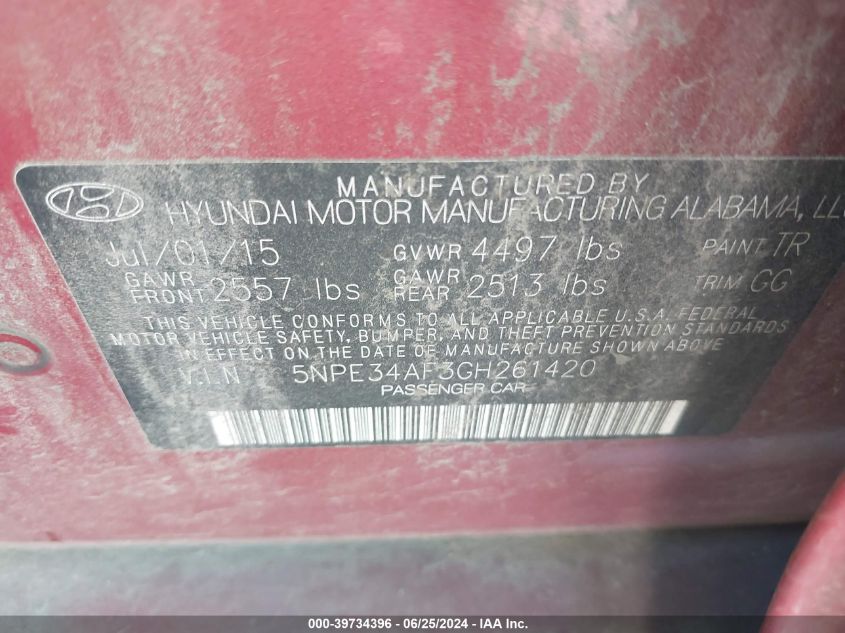 2016 Hyundai Sonata Sport/Limited VIN: 5NPE34AF3GH261420 Lot: 39734396