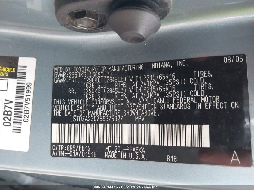 2005 Toyota Sienna Le VIN: 5TDZA23C75S375927 Lot: 39734416