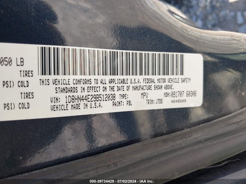 2009 Dodge Grand Caravan Se VIN: 1D8HN44E29B512038 Lot: 39734429