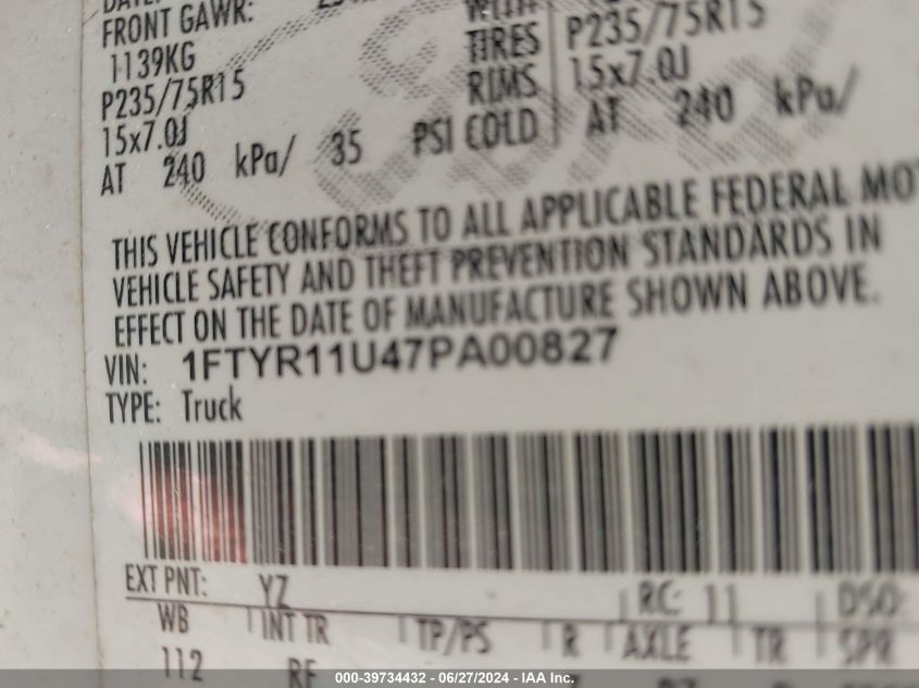 2007 Ford Ranger Sport/Xl/Xlt VIN: 1FTYR11U47PA00827 Lot: 39734432