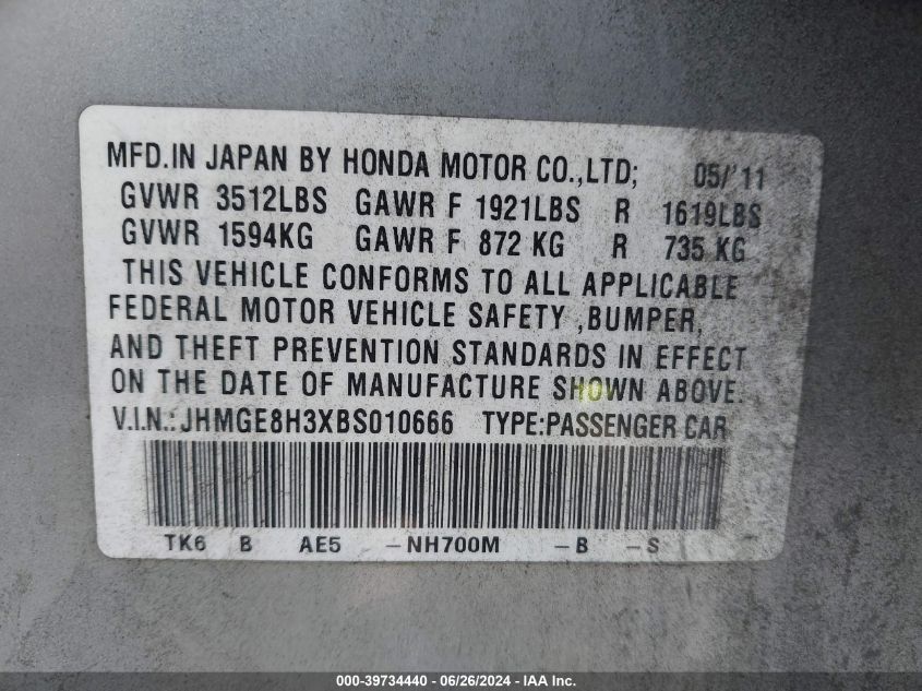 2011 Honda Fit VIN: JHMGE8H3XBS010666 Lot: 39734440