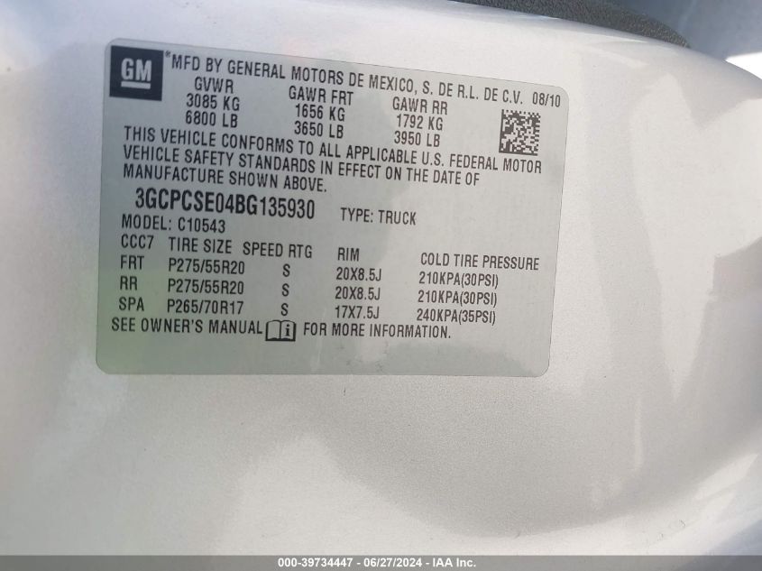 2011 Chevrolet Silverado 1500 Lt VIN: 3GCPCSE04BG135930 Lot: 39734447