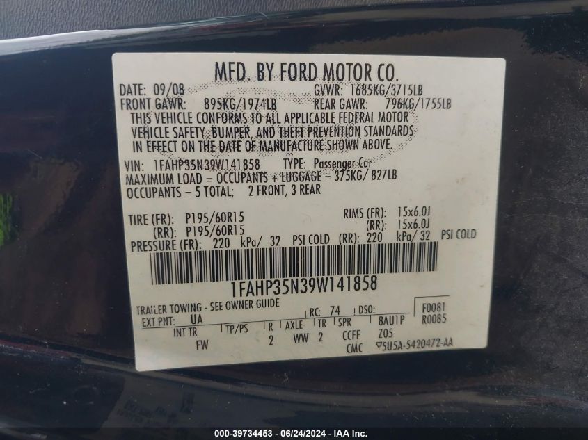 2009 Ford Focus Se VIN: 1FAHP35N39W141858 Lot: 39734453