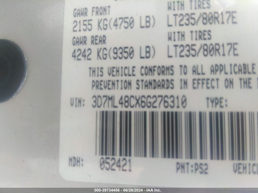 2006 Dodge Ram 3500 Laramie VIN: 3D7ML48CX6G276310 Lot: 39734456