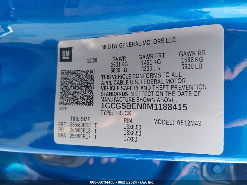 2021 Chevrolet Colorado 2Wd Short Box Wt VIN: 1GCGSBEN0M1188415 Lot: 39734458